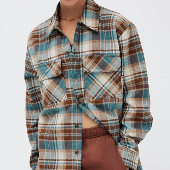 Aritzia TNA Plaid Flannel Shirt Brown Blue Tna size 2 (M/L) Shacket - Picture 1 of 5